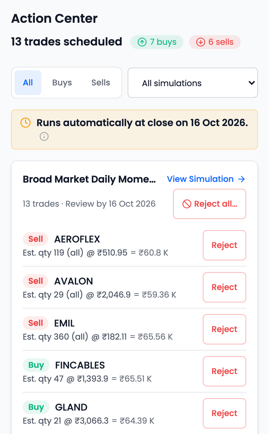 The Action Center on a phone, opened from the Actions tab: 13 trades scheduled with the same filters and banner, and the simulation's trades as cards, each showing the action, stock and estimate on one line beside a Reject button