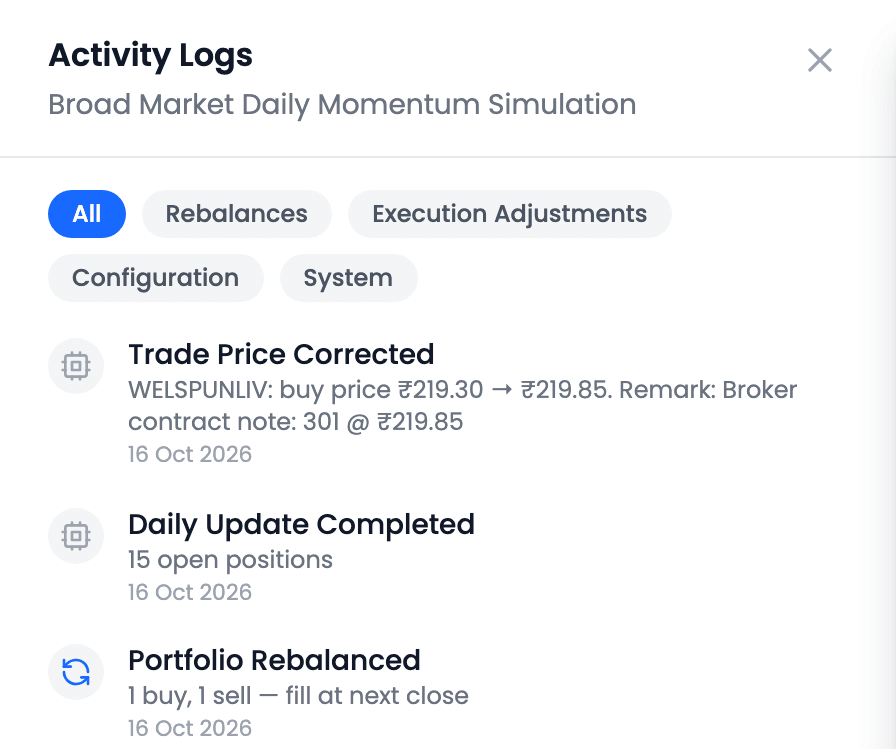 Activity Logs with a Trade Price Corrected entry at the top: WELSPUNLIV: buy price ₹219.30 → ₹219.85. Remark: Broker contract note: 301 @ ₹219.85, dated 16 Oct 2026, above the day's Daily Update Completed and Portfolio Rebalanced entries