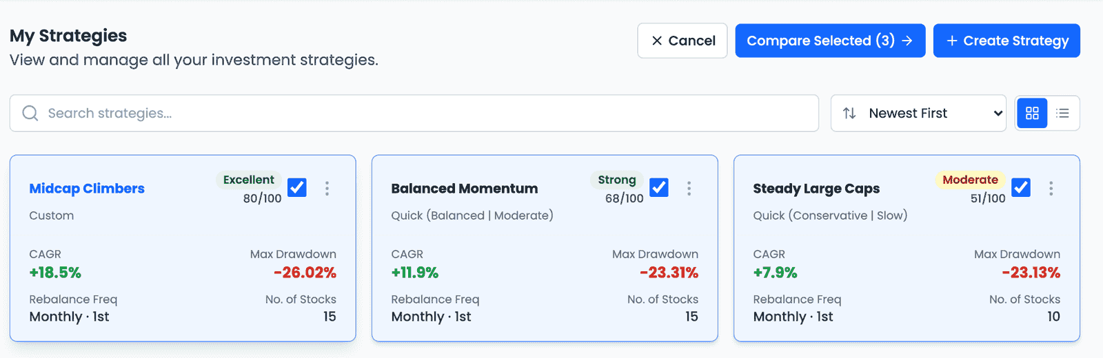 My Strategies in compare mode, with three strategy cards ticked — Midcap Climbers (Custom, Score 80/100 Excellent), Balanced Momentum (Quick, Balanced and Moderate, 68/100 Strong) and Steady Large Caps (Quick, Conservative and Slow, 51/100 Moderate) — and a Compare Selected (3) button at the top
