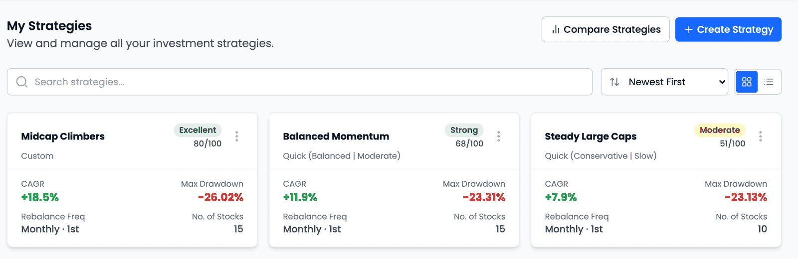 The My Strategies page with Compare Strategies and Create Strategy buttons, a search box, a Newest First sort and a grid of strategy cards — Midcap Climbers marked Custom, Balanced Momentum and Steady Large Caps marked Quick with their Risk Level and Strategy Speed — each showing its Score band, CAGR, Max Drawdown, rebalance frequency and number of stocks