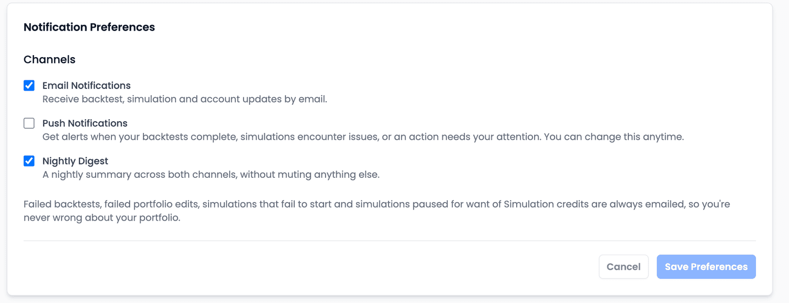 Account Settings on the Notifications tab: Notification Preferences with a Channels group — Email Notifications ticked, Push Notifications unticked, as it is for every new account, Nightly Digest ticked — each with its helper text, a line listing the emails that are always sent, and Cancel and Save Preferences buttons