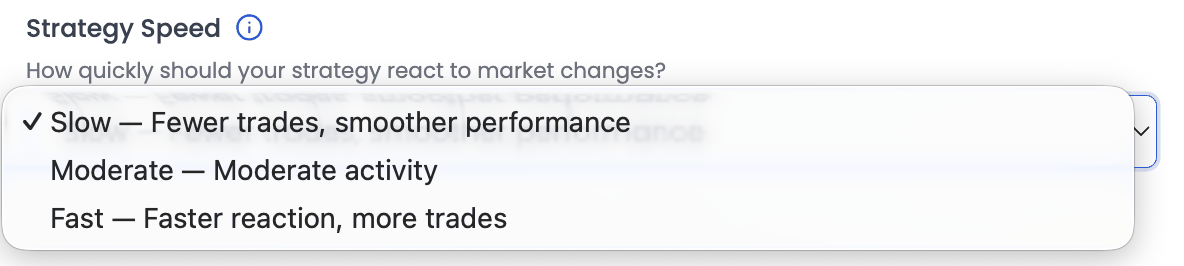 The Strategy Speed dropdown open, showing Slow, Moderate and Fast, each describing its effect on trading activity