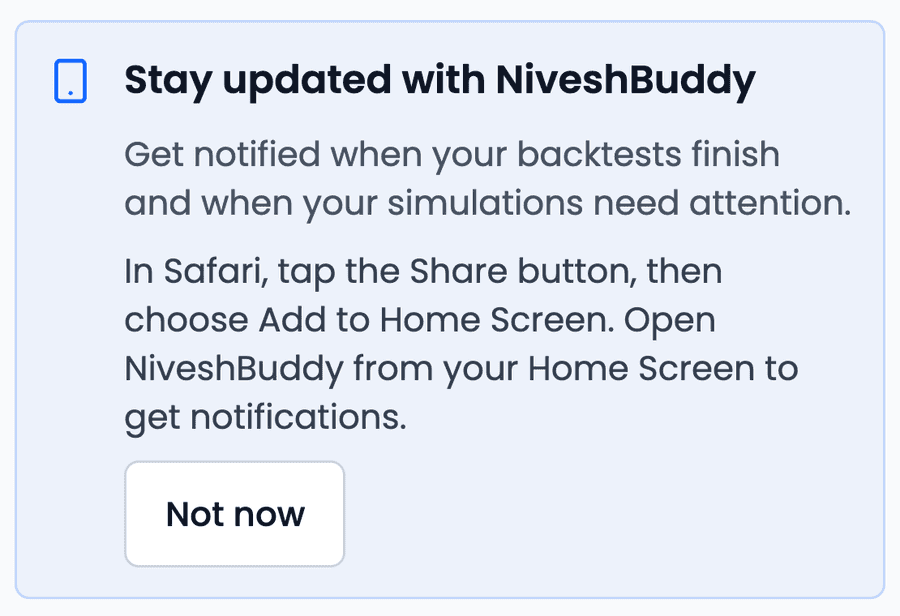The same banner on an iPhone in Safari: Stay updated with NiveshBuddy, with the steps In Safari, tap the Share button, then choose Add to Home Screen, and open NiveshBuddy from your Home Screen to get notifications, and a Not now button