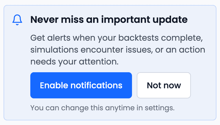 The Dashboard banner on an Android phone: Never miss an important update, with Enable notifications and Not now buttons and a note that you can change this anytime in settings