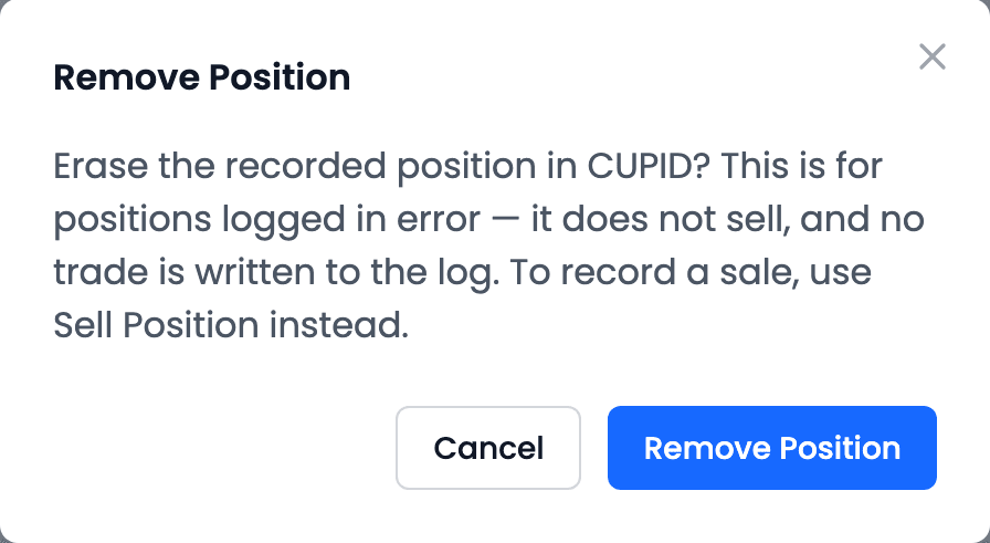 The Remove Position confirmation: Erase the recorded position in CUPID? This is for positions logged in error — it does not sell, and no trade is written to the log. To record a sale, use Sell Position instead. Cancel and Remove Position buttons