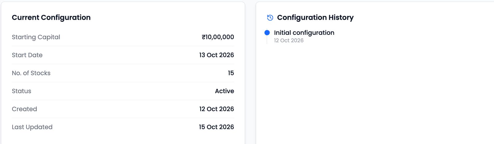 The Configuration tab: Current Configuration listing Starting Capital ₹10,00,000, Start Date 13 Oct 2026, No. of Stocks 15, Status Active, Created 12 Oct 2026 and Last Updated 15 Oct 2026, beside Configuration History with one entry, Initial configuration, 12 Oct 2026