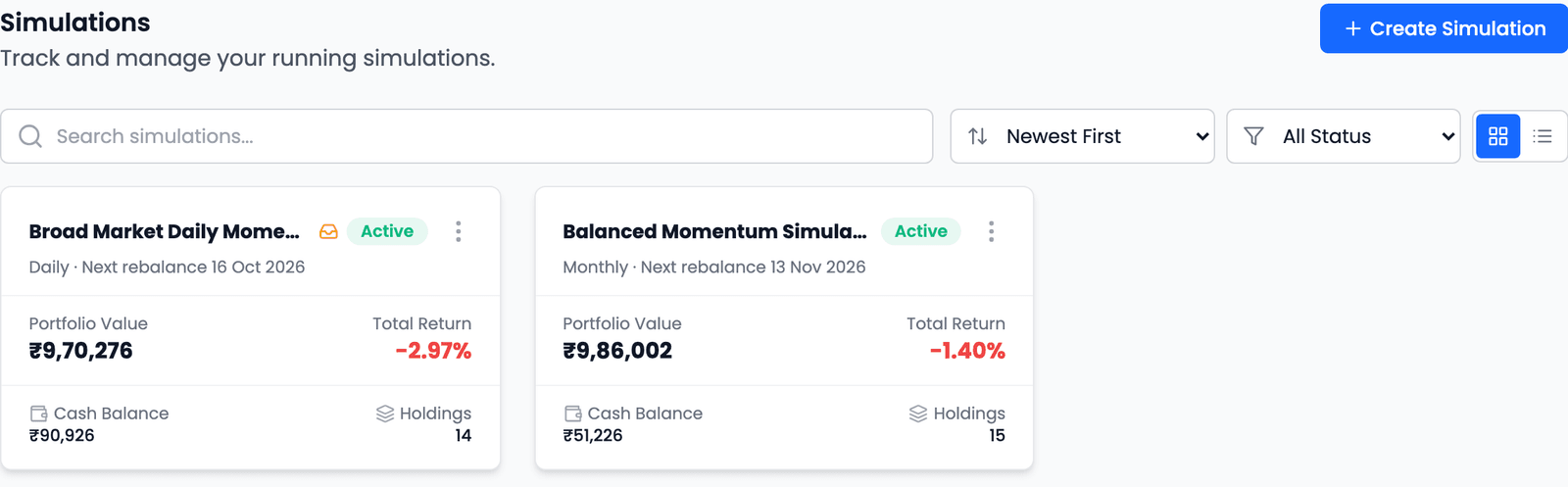 The Simulations page: Track and manage your running simulations, a Create Simulation button, search, sort and status filters, and two cards, Broad Market Daily Momentum Simulation (Daily, next rebalance 16 Oct 2026) and Balanced Momentum Simulation (Monthly, next rebalance 13 Nov 2026), each showing Portfolio Value, Total Return, Cash Balance and Holdings