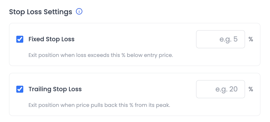 The Stop Loss Settings panel with both checkboxes ticked, each showing a percentage field and a line of helper text